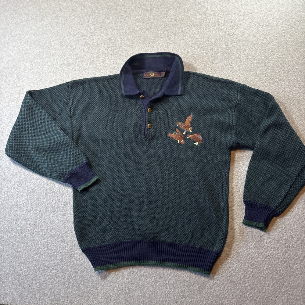 VTG Robert Bruce Duck Embroidery Mens Sz M Sweater Green/Blue 80s 100%  Acrylic
